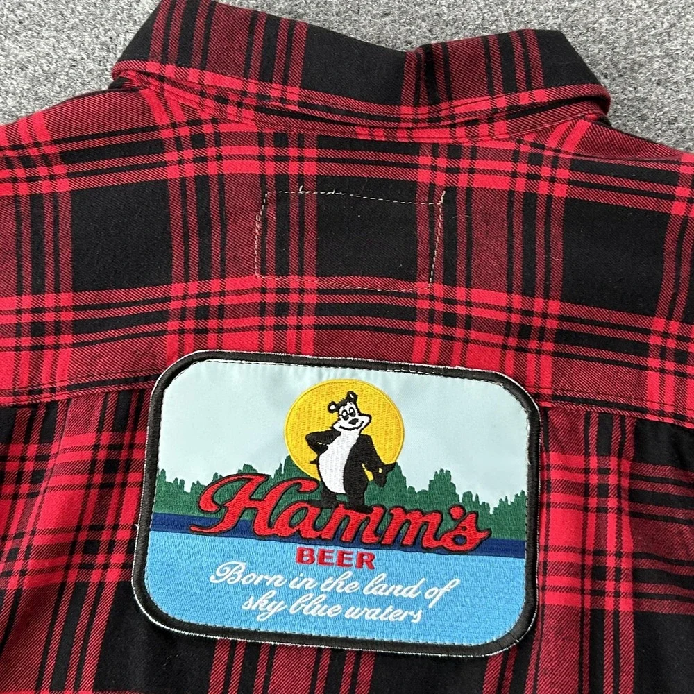 Hamms Beer Flannel Shirt Mens 2XL Red Plaid Angry Minnow VTG‎ Canvas Old Tag - Picture 10 of 12